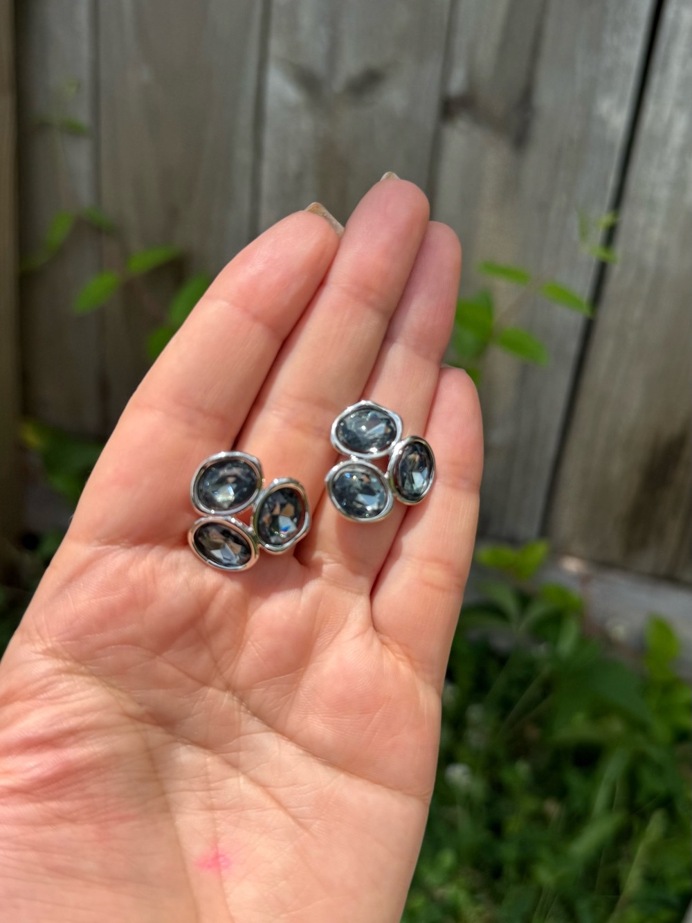 Silver Stud Earrings with Dark Gray Oval Crystals - Picture 3 of 3